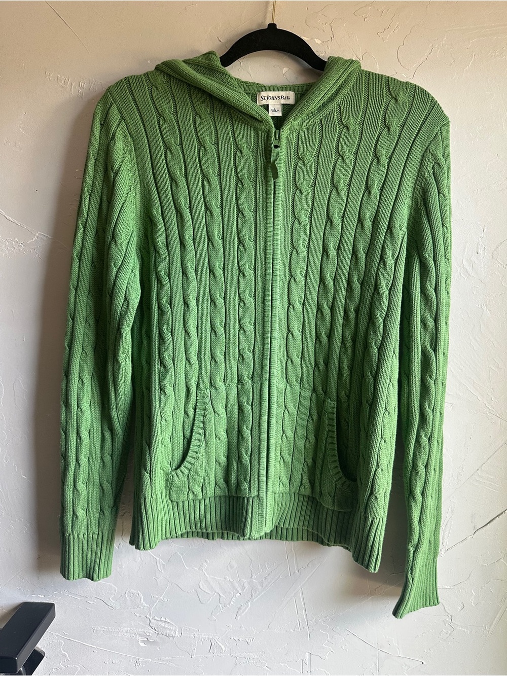 St. John’s Bay Green Cable Knit Heritage Hoodie Full Zip Cotton Sweater Sz L